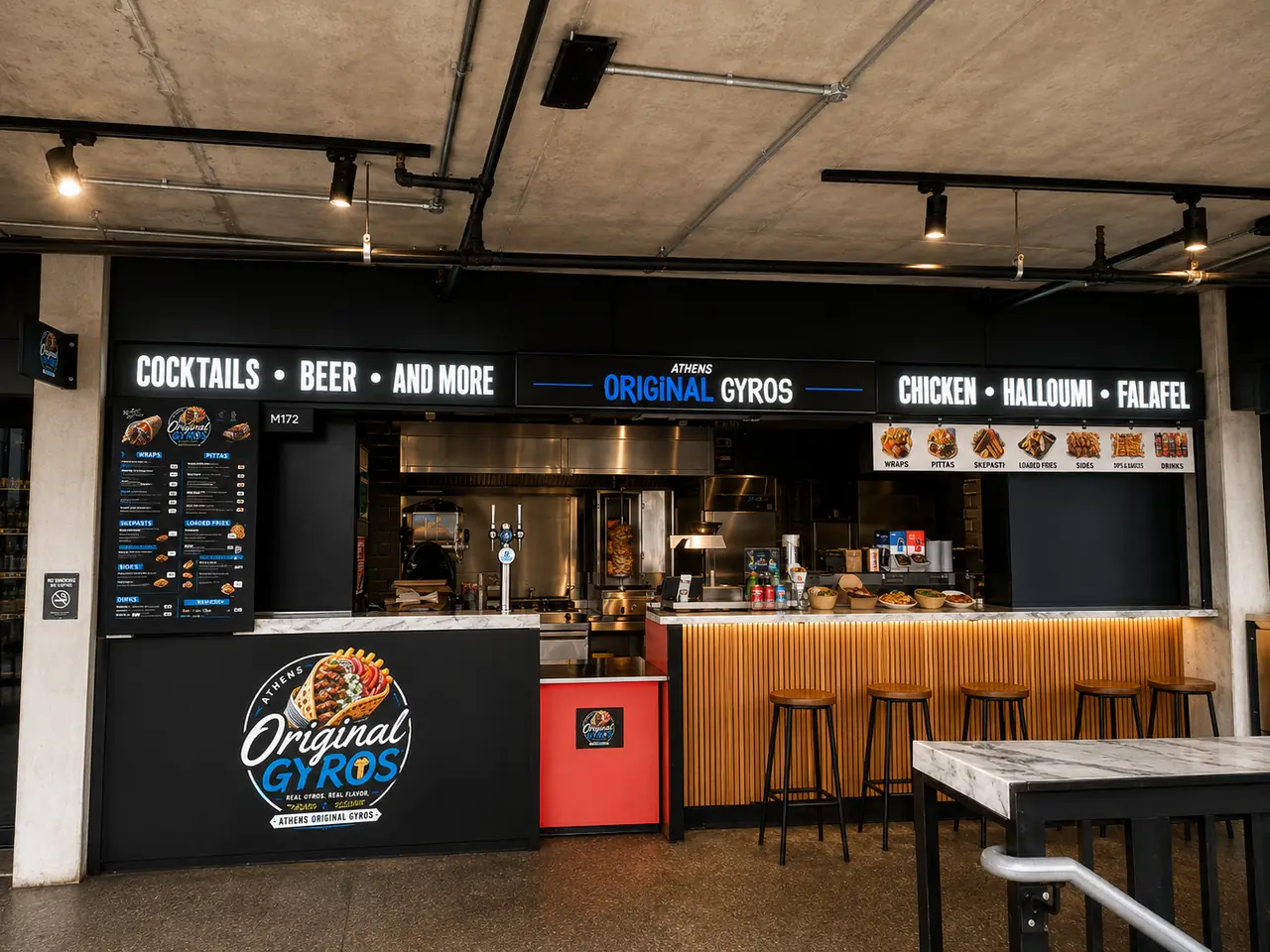 Athens Original Gyros counter with bar stools at Hawley Wharf