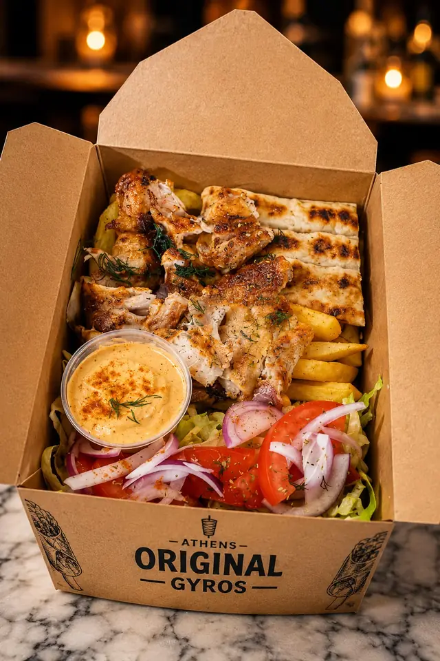 Gyros box with chicken, fries and a pot of dip