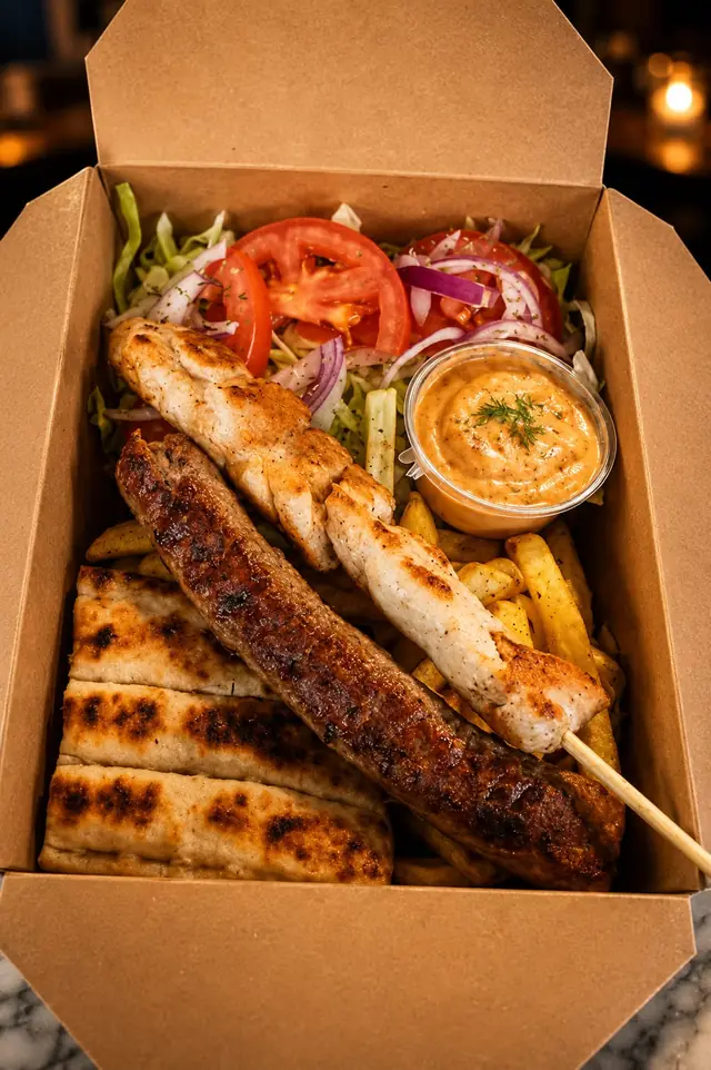 Souvlaki skewer box with tomatoes, red onion and dip